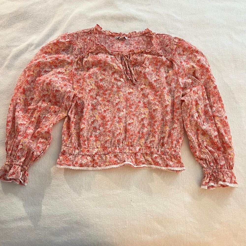 American Eagle Floral Smocked Peasant Blouse Keyhole Lace Cotton, Size XL